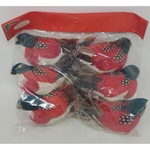 NOS Lot of 6 Red Cotton Spun Bird Christmas Ornaments Decore